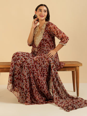 Multi Floral Peplum Top & Sharara With Dupatta Fusion Women Co-Ord Set