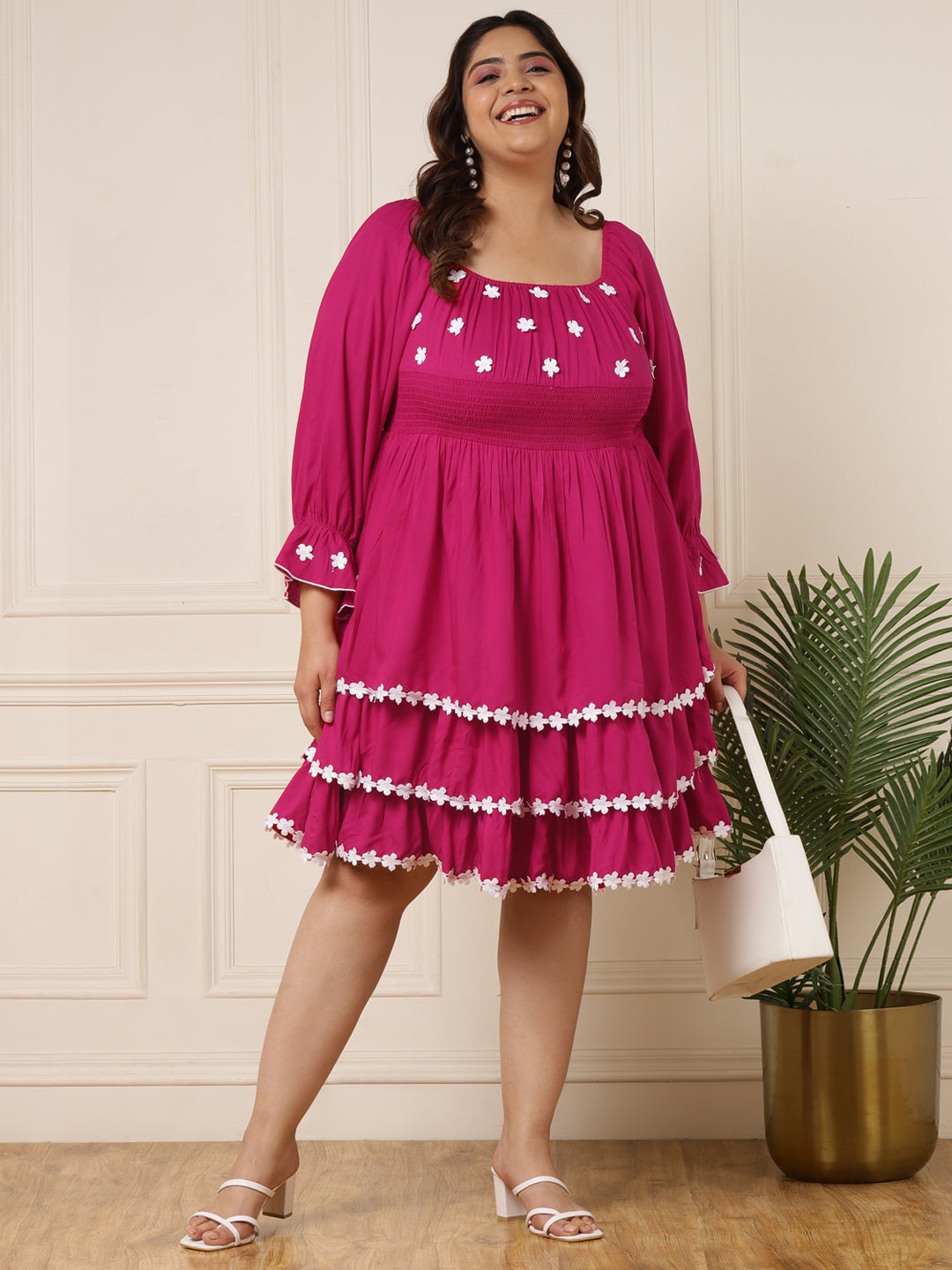 Women's Plus Size Magenta Embroidered Floral Flared Viscose Rayon Dress