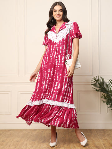 Magenta Tie Dye With Schiffli Embroidered Women Shirt Dress