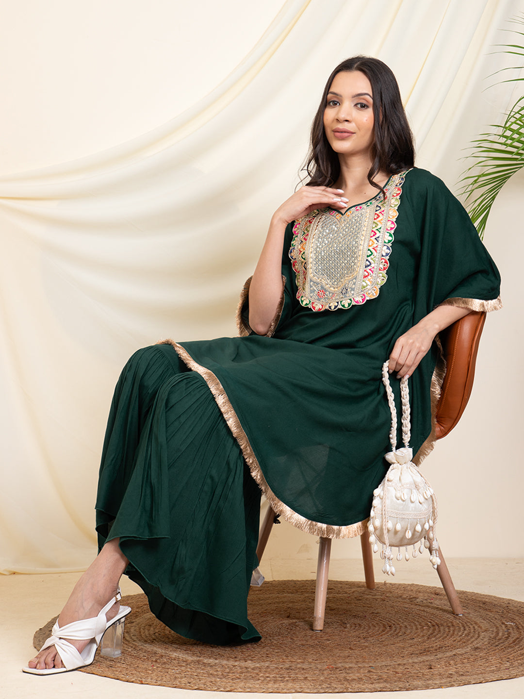 Bottle Green Embroidered Neck Kaftan With Sharara Women Co-Ord Set