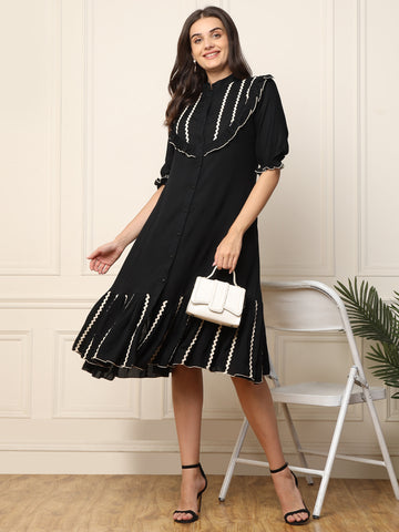 Black With Yoke Designed Tiered Women Shirt Dress