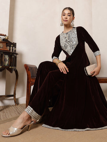 Velvet Brown Anarkali Tunic With Embroidered Neck Patch Tunic With Palazzo Indo Western Co-Ord Set
