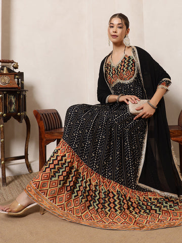 Black Bandhani Printed Halter Neck Kurta With Dupatta With Indo Western Women Set