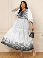 Women's Plus Size White Georgette Stripe Printed Tiered Maxi Dress