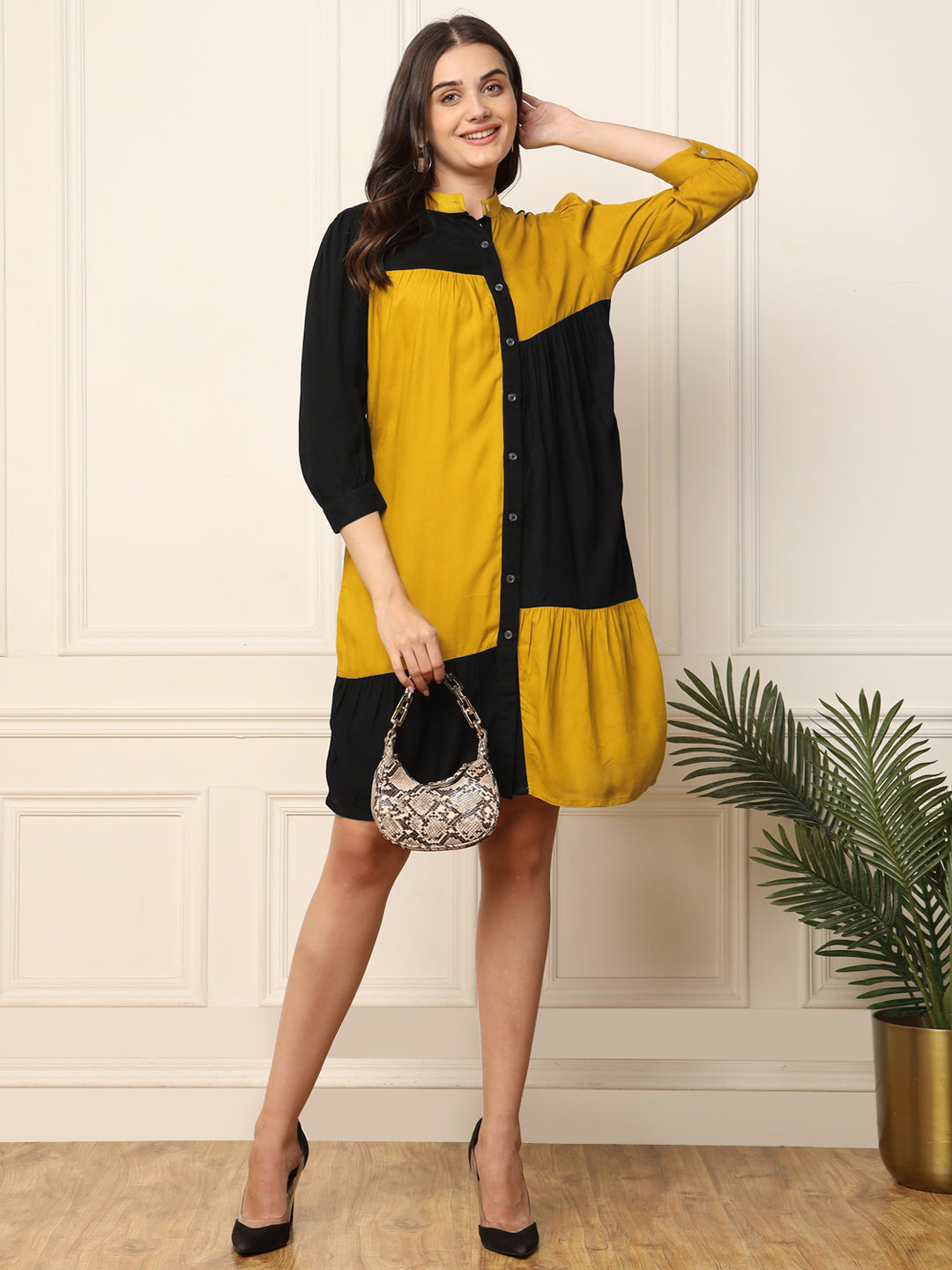 Lemon Yellow With Black Colour Blocked Women Shirt Dress