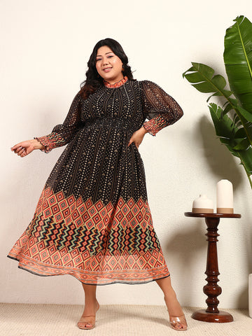 Black Chiffon Bandhani A-Line Womens Plus Size Dress