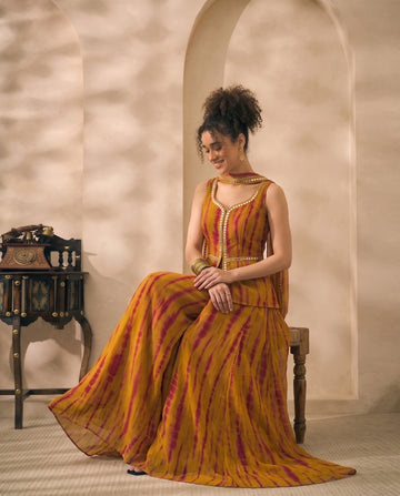 Olive Tie Dye Chiffon Corset Top & Palazzo With Dupatta Women 3 Piece Set