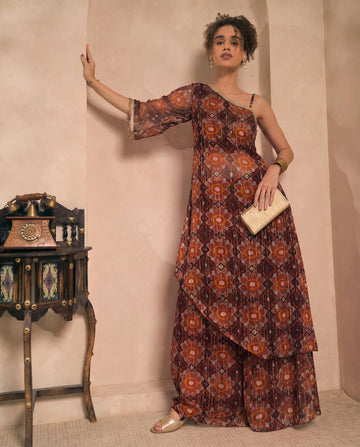 Brown Floral Printed Chiffon One Shoulder Tunic With Palazzo Indo Western Women Co-ord Set