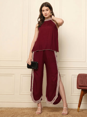 Maroon Solid Rayon Halter Neck Top With Pants Women Co-Ord Set
