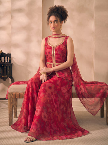 Magent Floral Chiffon Corset Top & Palazzo With Dupatta Women 3 Piece Set