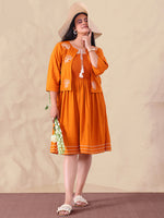 Tan Brown Pure Rayon Smocked Dress With Embroidered Shrug