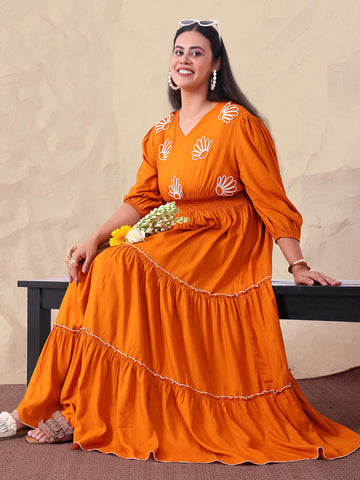 Tan Brown Pure Rayon Embroidered Tiered Maxi Dress