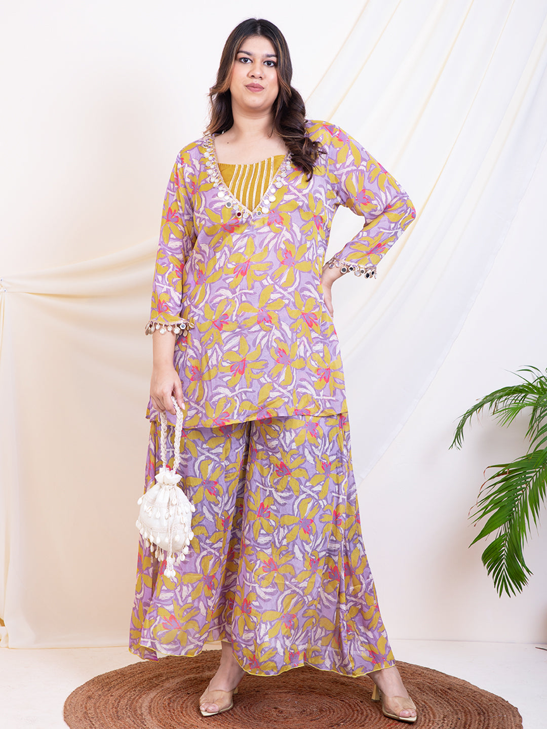 Women's Plus Size Lavender Floral Printed Women 3 Piece Indo Western Sets