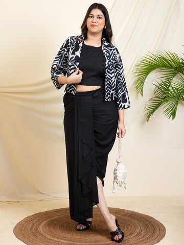 Black Printed Blazer And Inner Top With Dhoti Women Plus Size Set