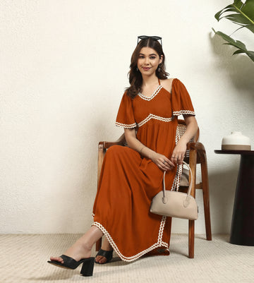 Tan Viscose Rayon Solid A Line Slit Womens Dress