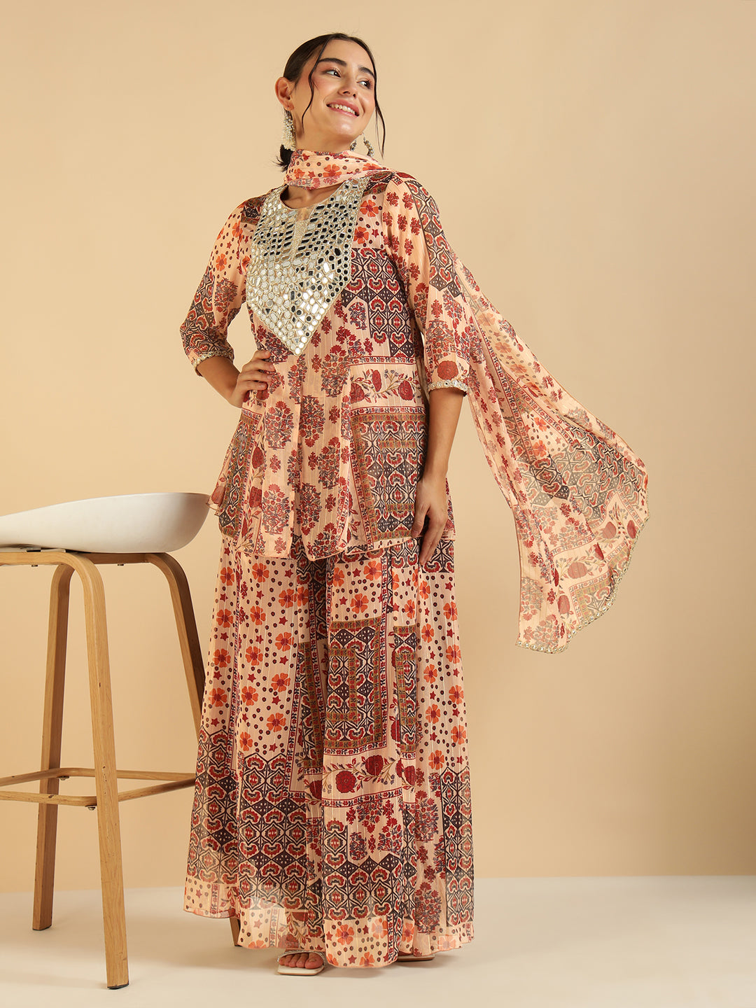 Multi Colour Patch Printed Peplum Top & Sharara With Dupatta Fusion Co-Ord Set