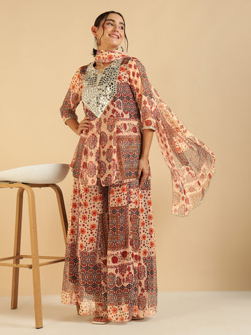Multi Colour Patch Printed Peplum Top & Sharara With Dupatta Fusion Co-Ord Set
