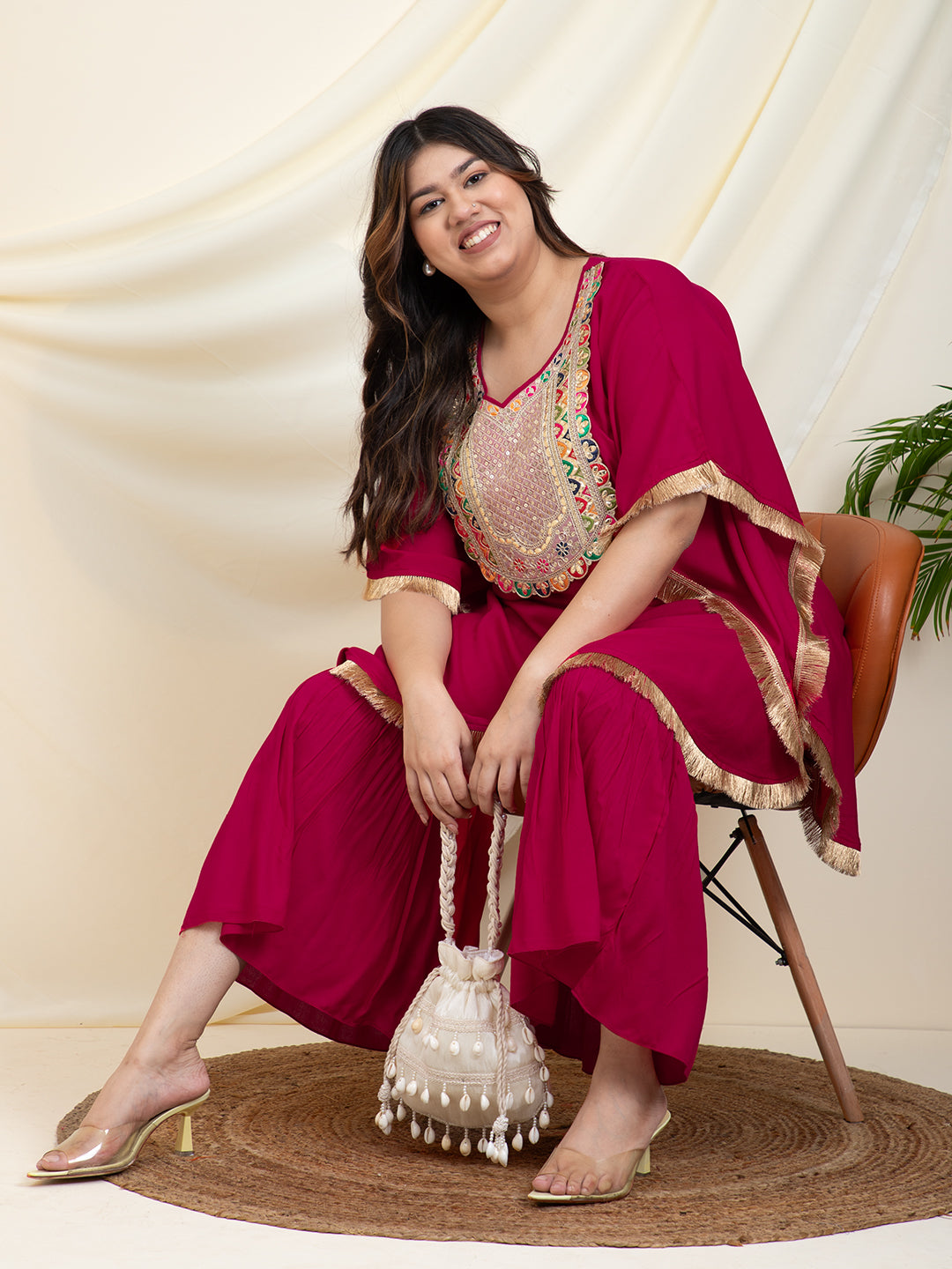 Magenta Kaftan With Sharara Women Plus SIze Co-Ord Set