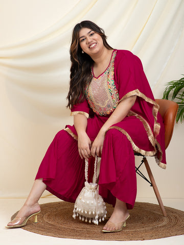 Magenta Kaftan With Sharara Women Plus SIze Co-Ord Set