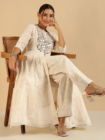 Cotton Embroidered Schiffli Tunic & Palazzo Fusion Women Co-Ord Set