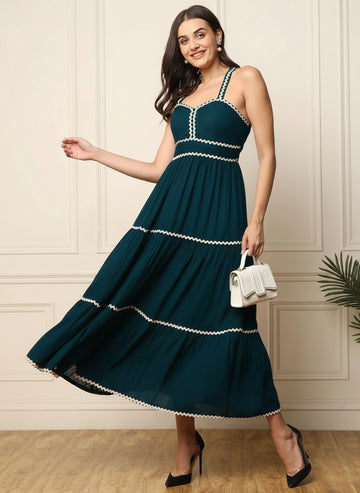 Teal Solid Tiered Women Maxi Dress