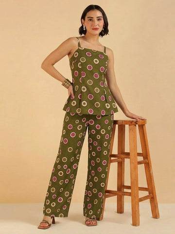 Olive Green Polka Dots Printed Coord Sets For Women