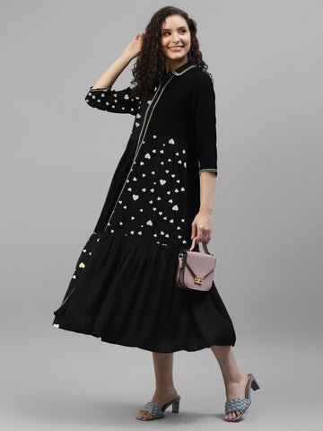 Black Colour Blocked Heart Printed Women'S Shirt Dress