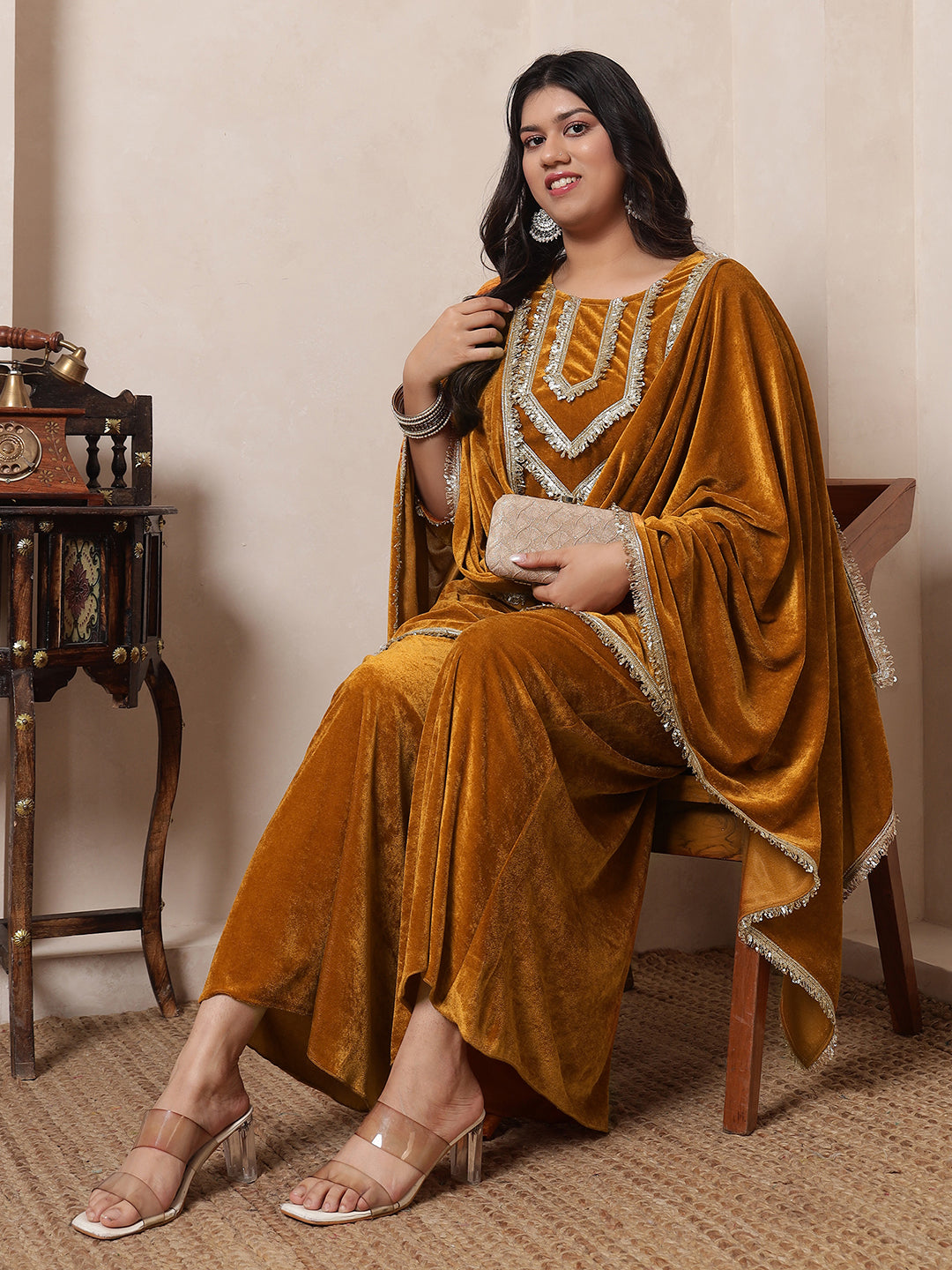 Velvet Mustard Kurti Embellished By Lace Sharara With Dupatta Women Indo Western Women Co-Ord Set