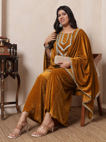 Velvet Mustard Kurti Embellished By Lace Sharara With Dupatta Women Indo Western Women Co-Ord Set