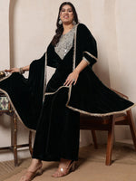 Velvet Black Kurti Embroidered Neck Patch Sharara With Dupatta Women Indo Western Women Co-Ord Set