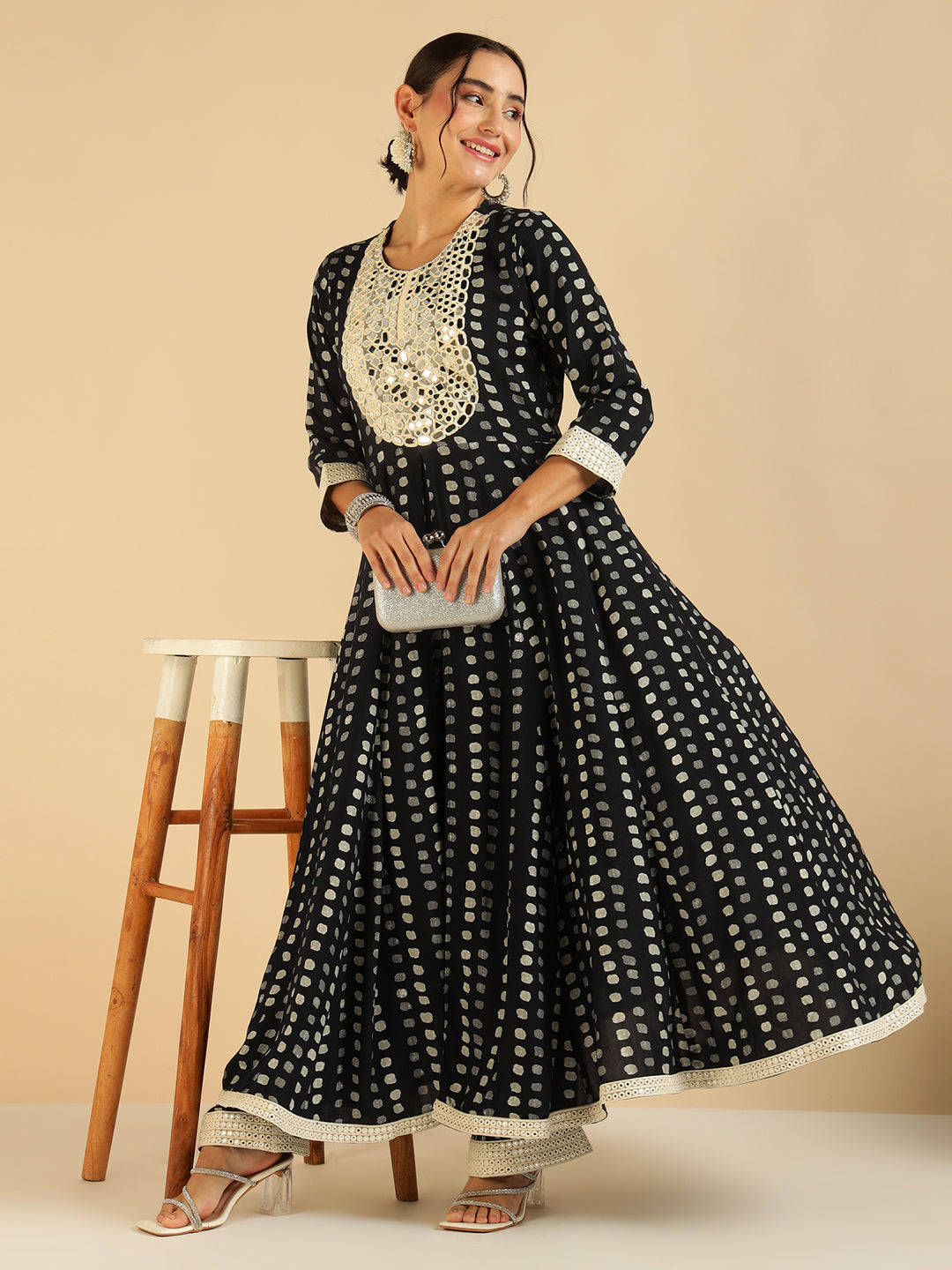 Black Polka Printed Embroidered Tunic & Palazzo Fusion Women Co-Ord Set