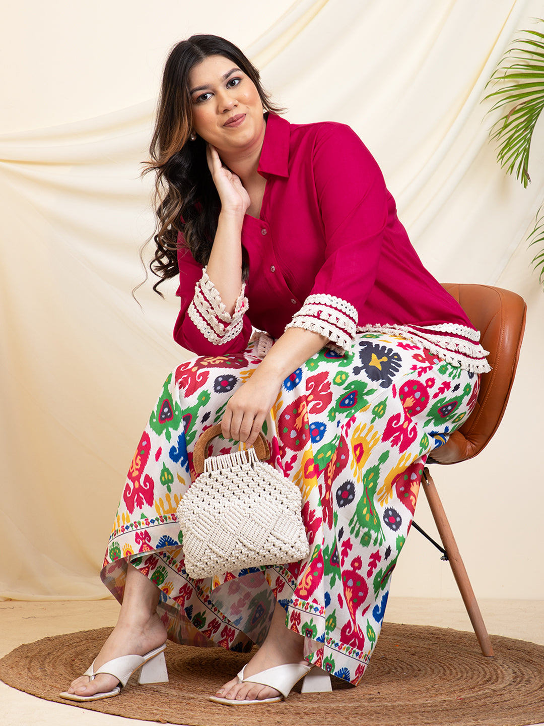 Magenta Shirt With Printed Palazzos Women Plus Size Co-Ord Set