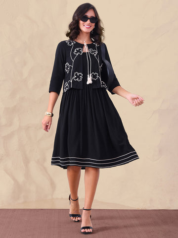 Pure Rayon Embroidered Shrug With Smocked Dress