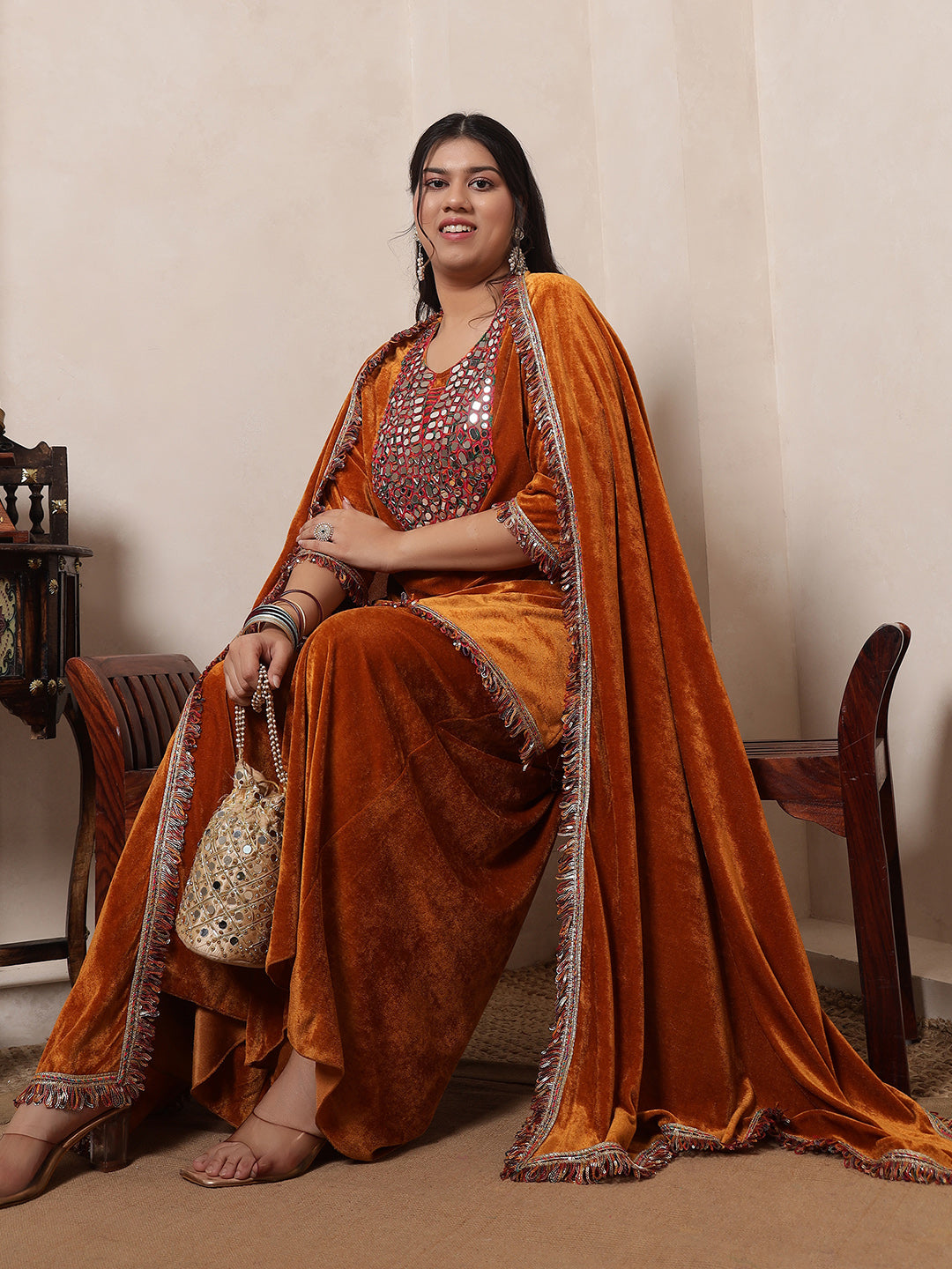 Velvet Mustard Kurti Multi Colour Embroidered Neck Patch Sharara With Dupatta Women Indo Western Women Co-Ord Set