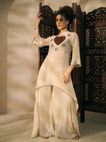 Off White C-Cut Embroidered Kurti With Palazzo With Bustier Women Indo Western 3 Piece Set