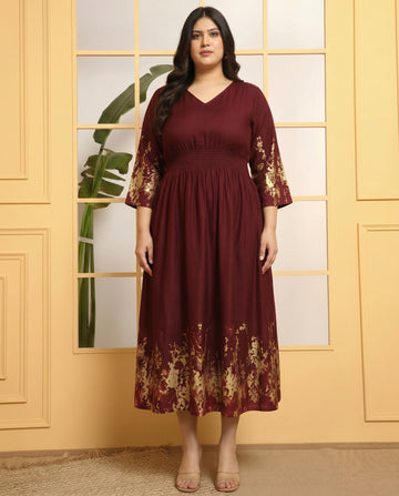 Wine Tie-Dye A-Line Women's Smocked Plus Size Dress