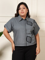 Grey Cotton Embroidered Women Plus Size Shirt