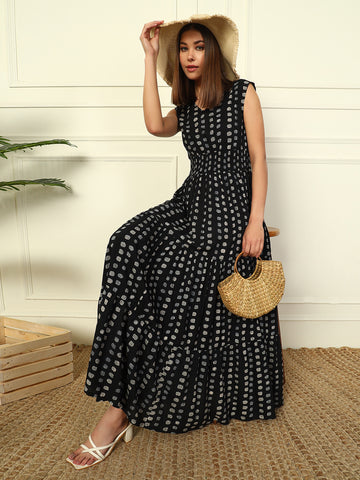 NAVY BLUE POLKA TIERED MAXI WOMEN DRESS