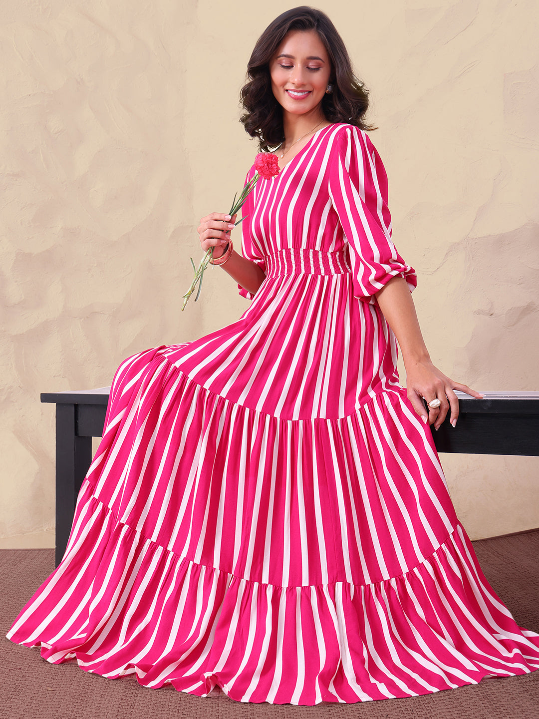 Striped Pure Rayon Women Tiered Maxi Dress
