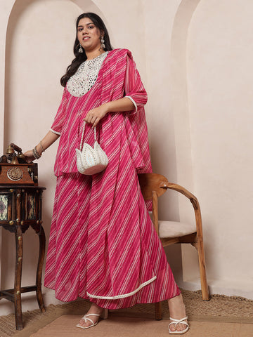 Pink Magenta Laheriya Peplum Embroidered Neck Patch Top With Panel Sharara With Dupatta Women Indo Western Co-Ord Set