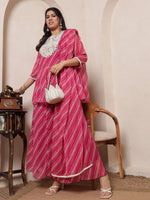 Pink Magenta Laheriya Peplum Embroidered Neck Patch Top With Panel Sharara With Dupatta Women Indo Western Co-Ord Set