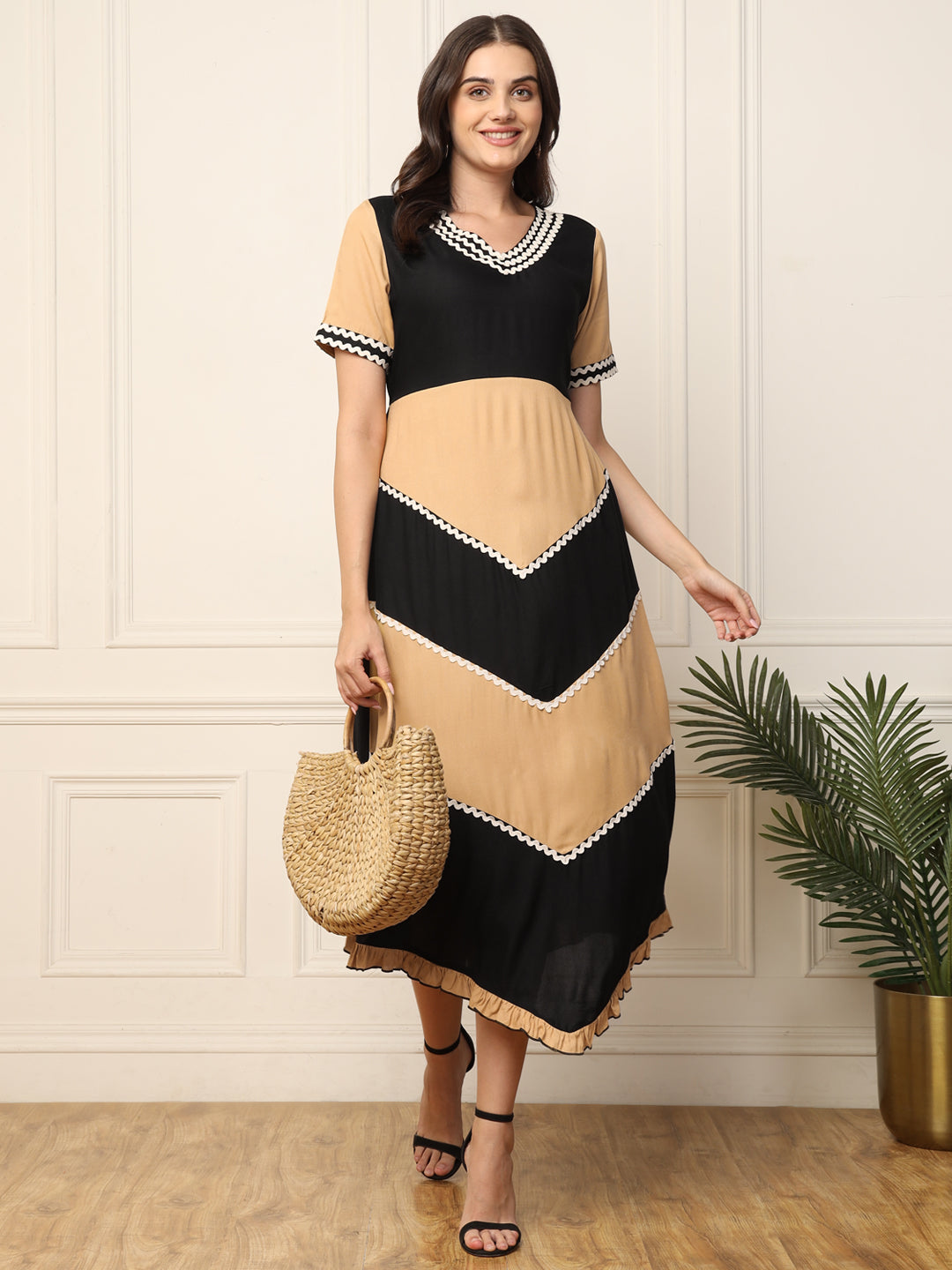 Black With Beige Colour Blocked Frilled Women Dress