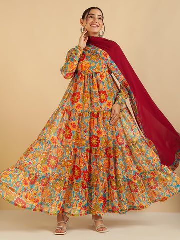 Multi Colour Floral Printed Ethnic Kurta With Dupatta Set For Women