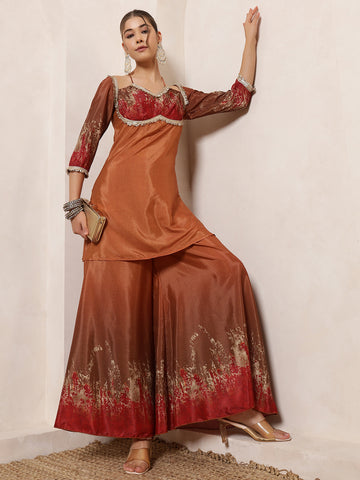 Mustard Tie Dye Halter Neck Kurta With Palazzo Indo Western Women Co-Ord Set