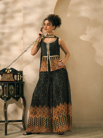 Black Bandhani Corset Top And Palazzo With Dupatta Women 3 Piece Set