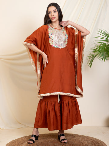 Tan Brown Embroidered Neck Kaftan With Sharara Women Co-Ord Set