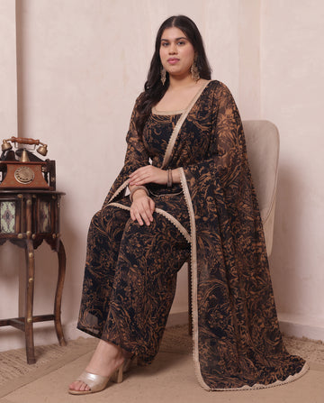 Black Abstract Printed Chiffon Kurta & Palazzo With Dupatta Indo Western Women's Plus Size 3 Piece Set