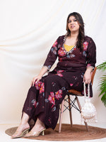 Women's Plus Size Wine Floral Printed  Women 3 Piece Indo Western  Sets