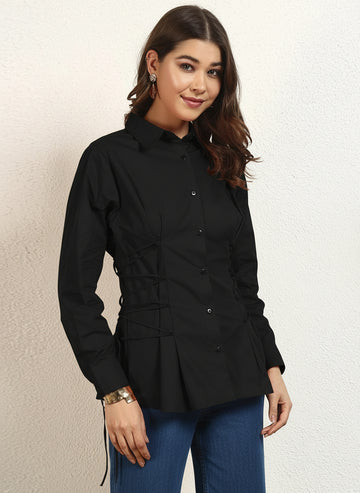 Black Cotton Poplin Solid Side String Loop Womens Shirt