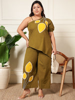 Olive Green Patch Work Embroidered Women Cotton Plus Size Co-Ord Set